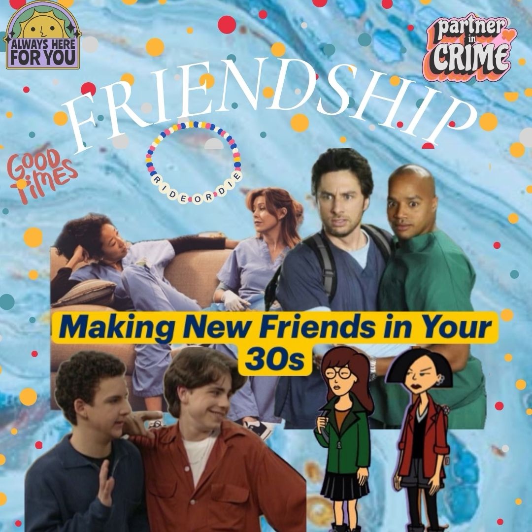 graphic about friends polka dot bakcground. shows characters from tv shows: greys anatomy, scrubs, boy meets world, and daira